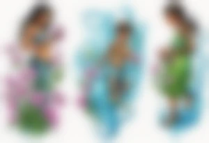 ethnic 
water-bearing woman and two little boys, watering sweet pea flowers cascading down, (leg art) tattoo idea