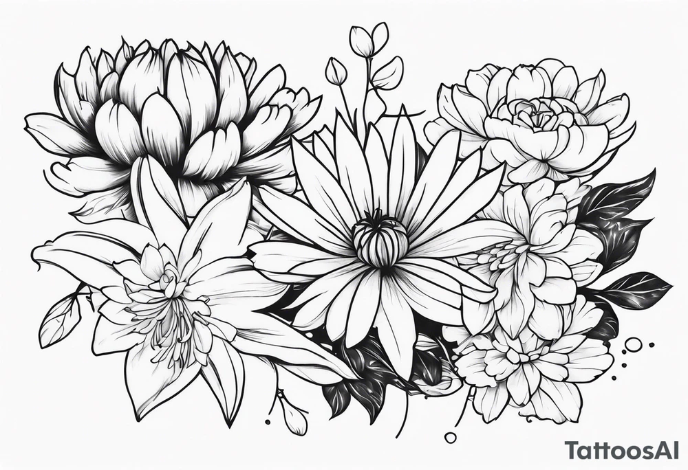 Asters, roses, lily, and chrysanthemums sleeve tattoo idea