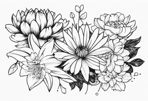 Asters, roses, lily, and chrysanthemums sleeve tattoo idea