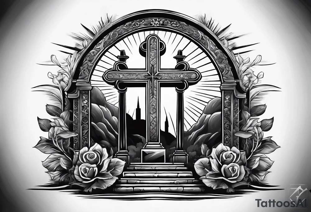 Tomb with cross and sun in the background tattoo idea
