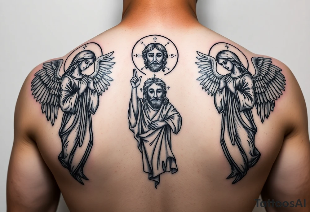 russian orthodox symmetrical guardian angel icon on left and right side of back with both angels holding up a jesus potrait tattoo idea