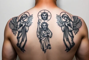 russian orthodox symmetrical guardian angel icon on left and right side of back with both angels holding up a jesus potrait tattoo idea