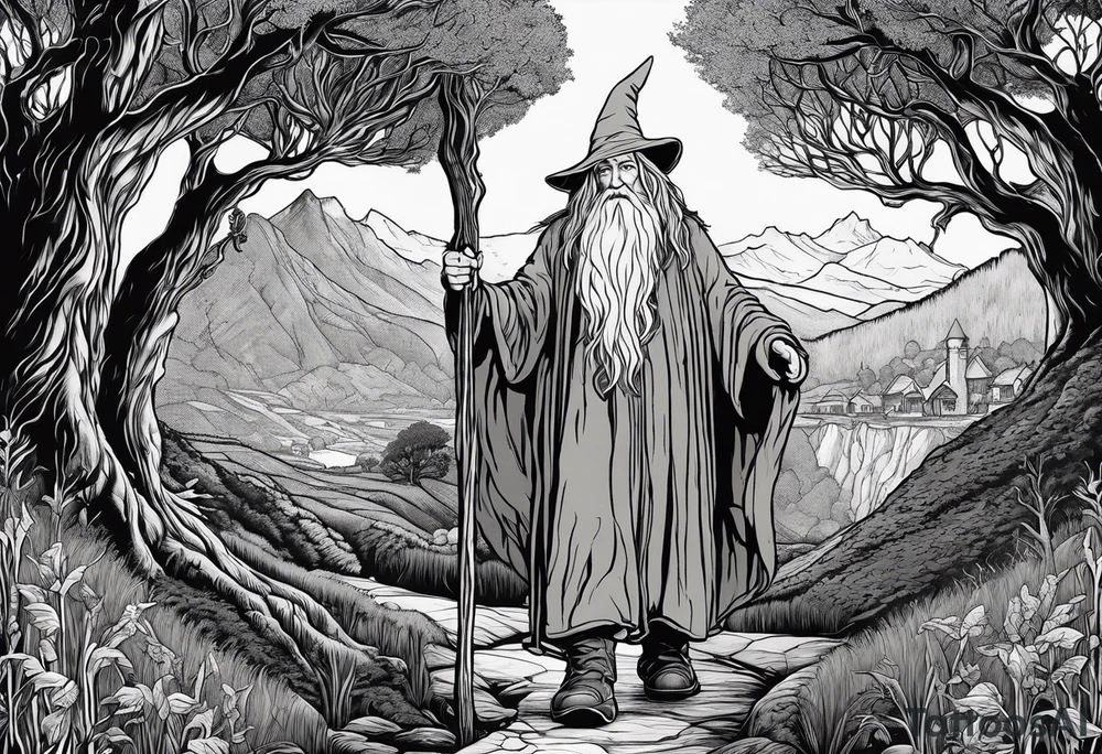 gandalf looking at a hobbits giant feet. The hobbit's feet are made out of asparagus tattoo idea