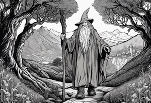 gandalf looking at a hobbits giant feet. The hobbit's feet are made out of asparagus tattoo idea