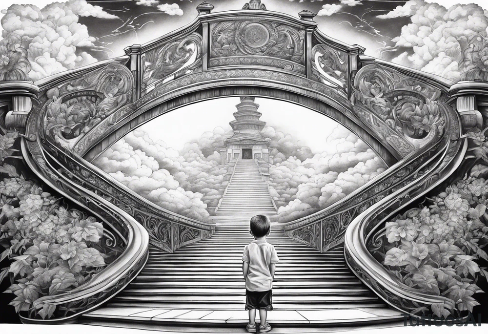 grand winding stairway to heaven with little boy praying in front tattoo idea