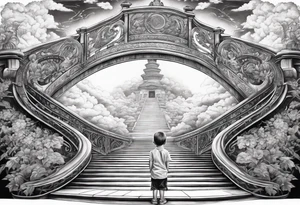 grand winding stairway to heaven with little boy praying in front tattoo idea