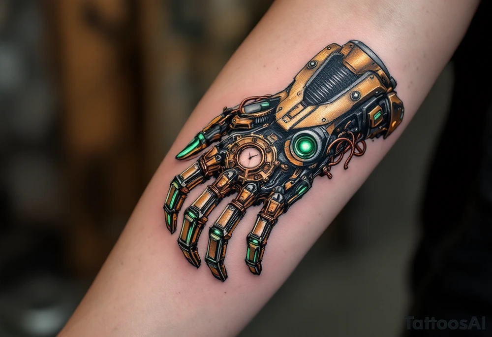 A steampunk-inspired robotic hand tattoo featuring brass tones, copper wiring, and emerald green glow at the joints. tattoo idea