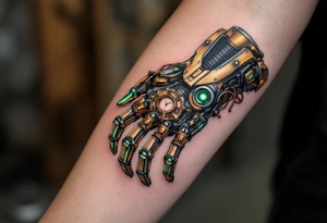 A steampunk-inspired robotic hand tattoo featuring brass tones, copper wiring, and emerald green glow at the joints. tattoo idea