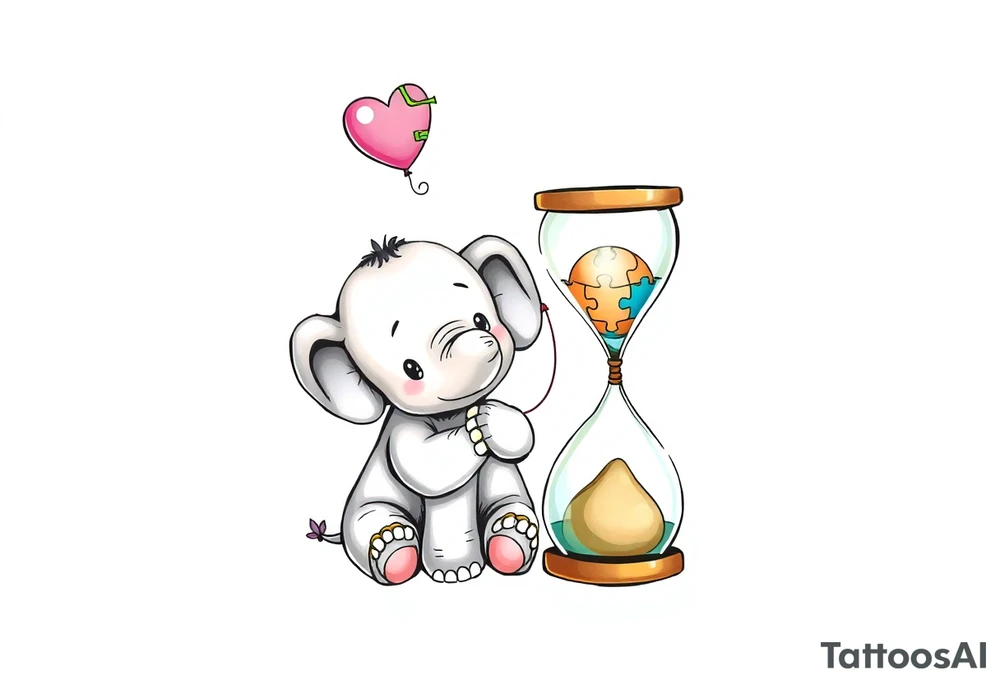 Baby elephant sitting next to an hour glass; holding rainbow autism puzzle balloon tattoo idea