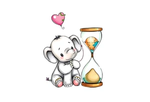 Baby elephant sitting next to an hour glass; holding rainbow autism puzzle balloon tattoo idea