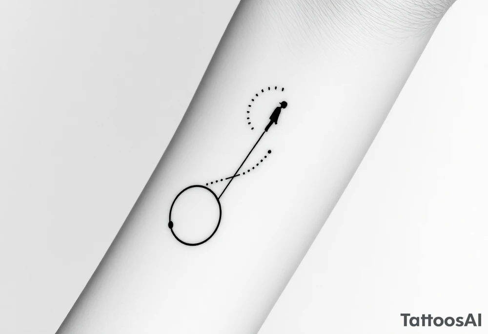 Minimalist forearm tattoo, black ink only, representing legacy and father-son connection. Two interlocking circles along an ascending abstract path, one fading at the bottom (father) and one growing solid at the top (son), symbolizing the torch passed. Fine particles rising along the line show guidance and energy. Subtle abstract figure of father integrated above. Include date VI·IV·MMXXIII and optional phrase “Building what he couldn’t”. Clean, fine-line, vertical layout for forearm, minimal yet deeply emotional. tattoo idea