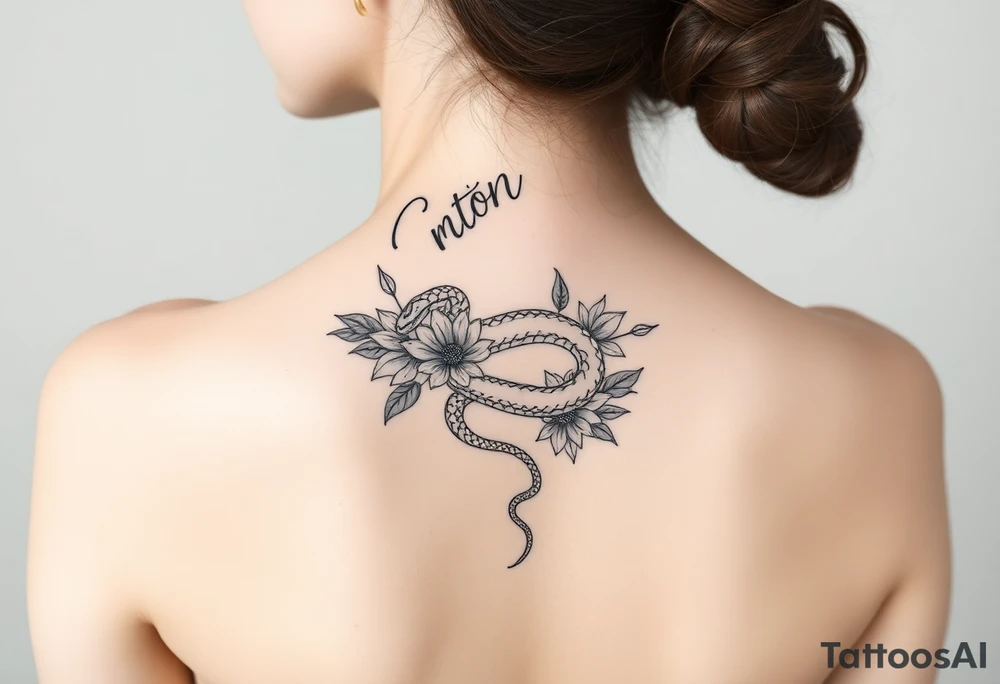 Snake wrapping around the spine with florals tattoo idea