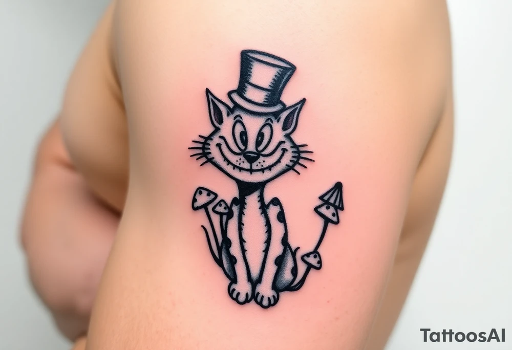 colourful Cheshire Cat from Alice in Wonderland, with a top hat on its head and mushrooms tattoo idea