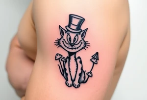 colourful Cheshire Cat from Alice in Wonderland, with a top hat on its head and mushrooms tattoo idea