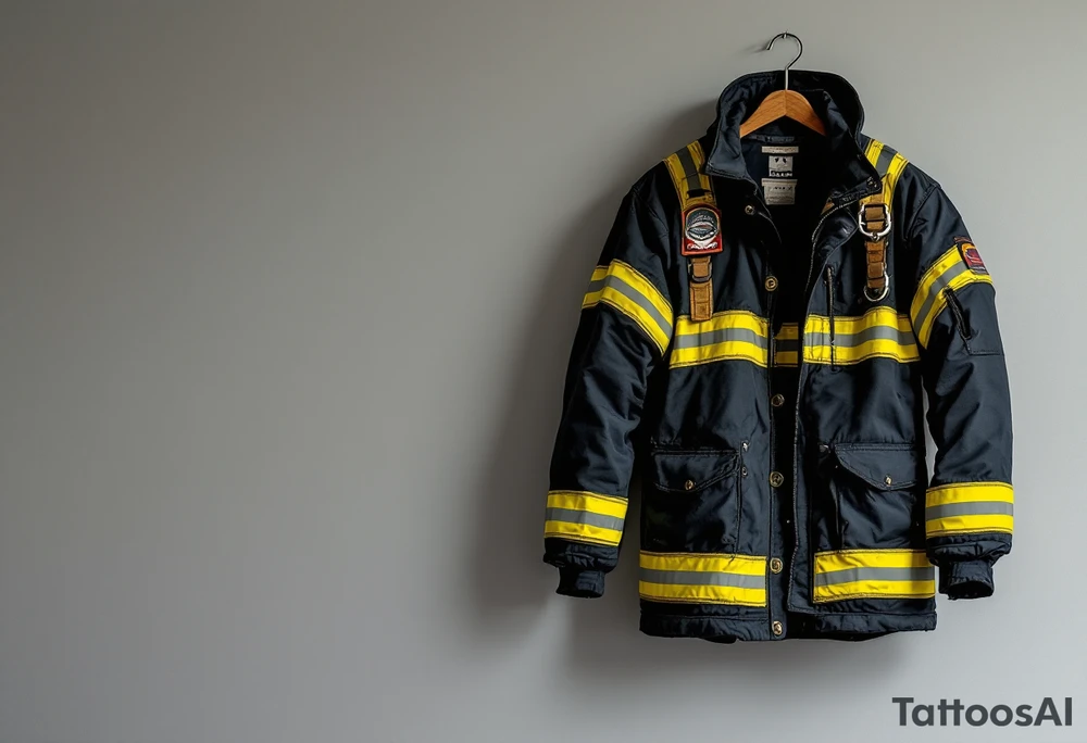 A firefighter’s turnout gear hanging on a wall, with realistic fabric textures in dark navy, contrasted by bright reflective stripes. tattoo idea