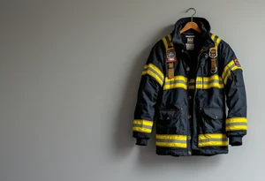 A firefighter’s turnout gear hanging on a wall, with realistic fabric textures in dark navy, contrasted by bright reflective stripes. tattoo idea