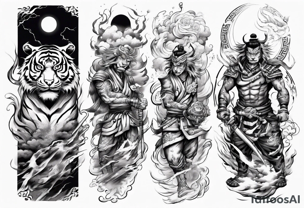 tiger warrior with lightning and the sun for a forearm sleeve tattoo idea