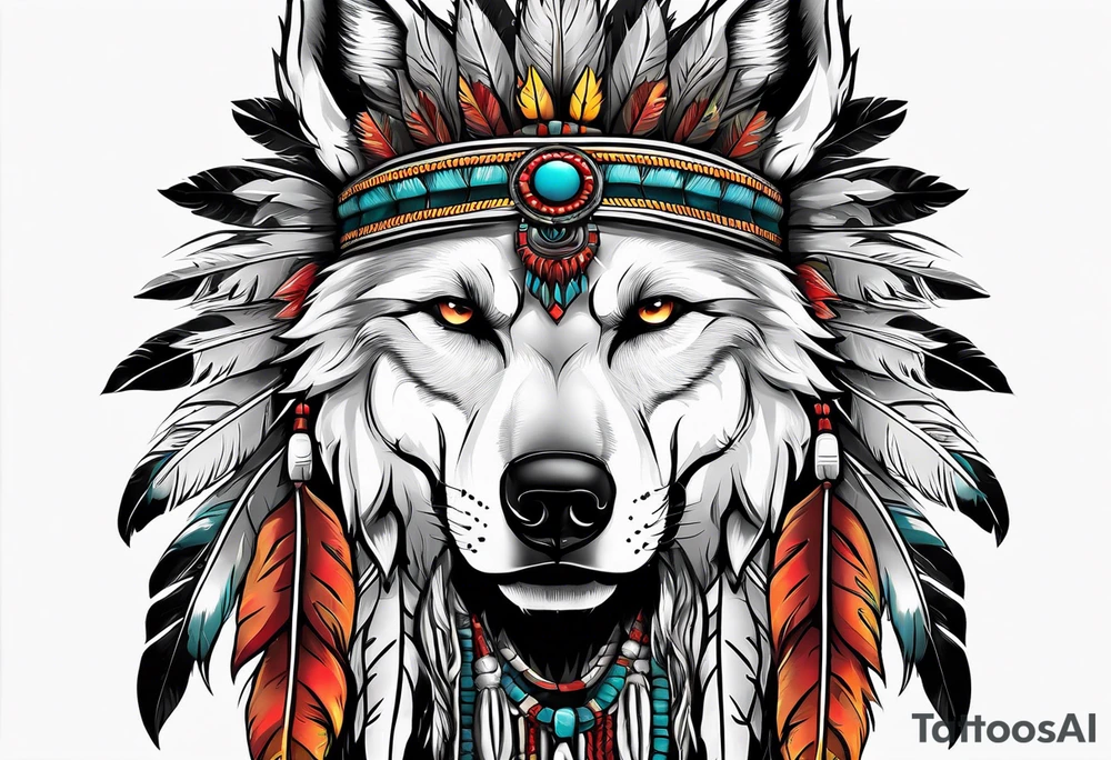 Half skull half wolf face with native war bonnet tattoo idea