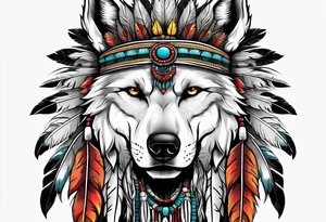 Half skull half wolf face with native war bonnet tattoo idea