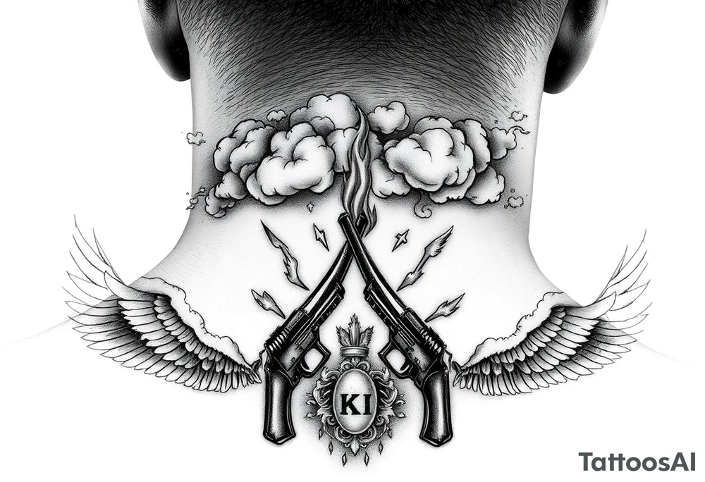 deepfull description of details with clouds,fire guns, money,angels tattoo idea
