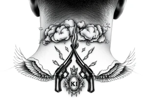 deepfull description of details with clouds,fire guns, money,angels tattoo idea