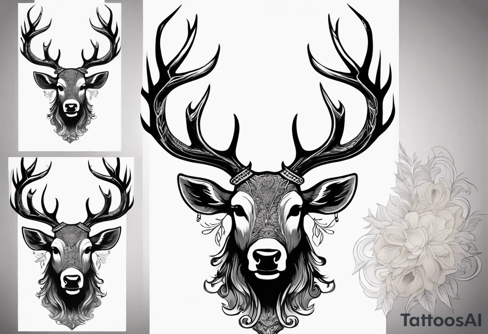 back tattoo of a front view reindeer with half the face as a skull tattoo idea