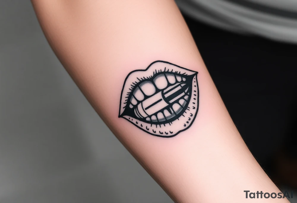 A set of lips snarling with 50cal round between teeth tattoo idea