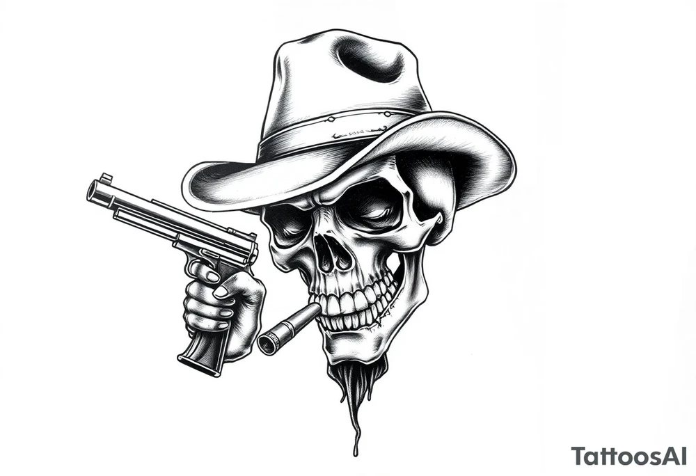 a skull with cowboy-hat and agun in his hand and a cigar in his mouth. tattoo idea