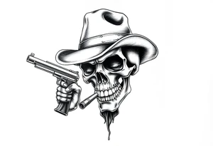 a skull with cowboy-hat and agun in his hand and a cigar in his mouth. tattoo idea