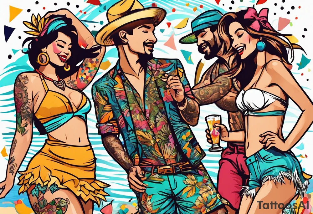 vintage beach dance party with music and confetti, tropical drinks tattoo idea