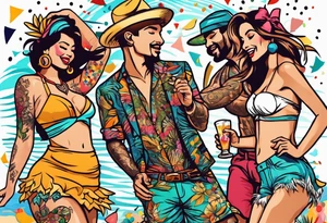 vintage beach dance party with music and confetti, tropical drinks tattoo idea