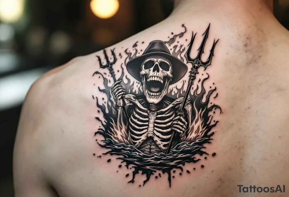 laughing skeleton with a trident, surrounded by fire and water tattoo idea