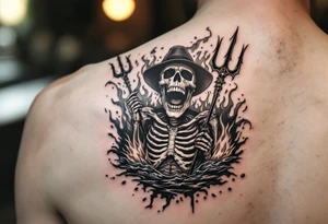 laughing skeleton with a trident, surrounded by fire and water tattoo idea