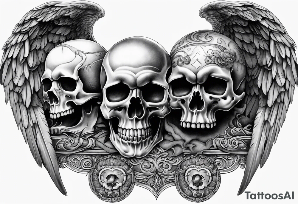 See no evil hear no evil speak no evil skulls go down the back with angel wings wrapped around the skulls tattoo idea