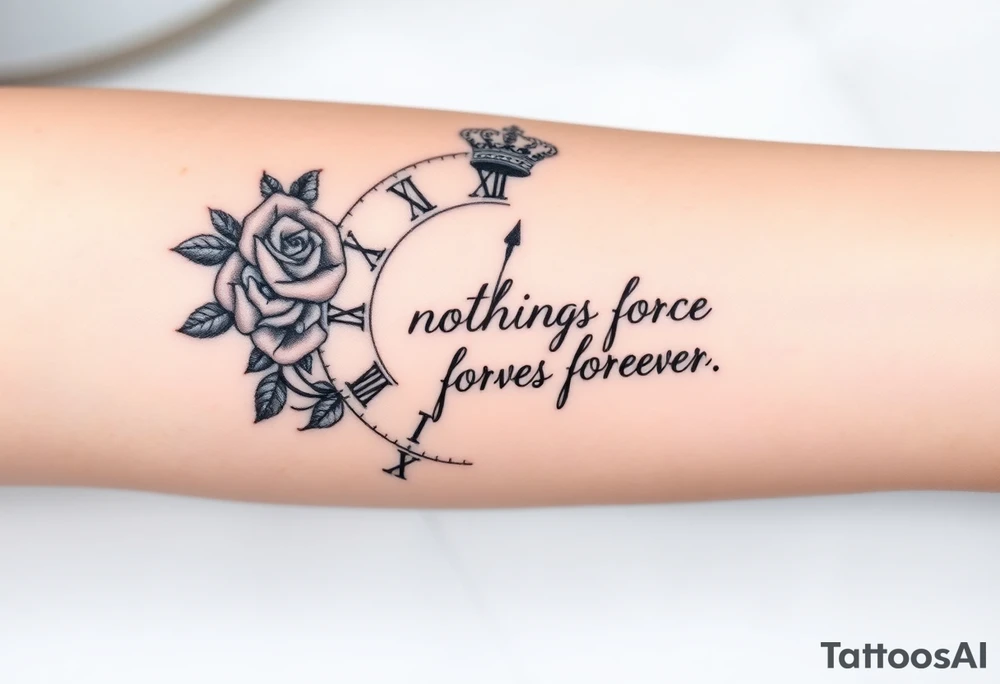 Roman clock with roses and a crown, a quote that says nothings forever. and on the bottom a deck of cards tattoo idea