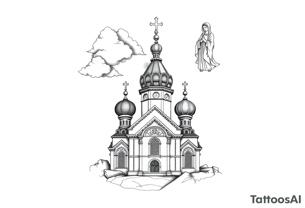 Russian Orthodox church with orthodox spire crosses, with clouds above it and a virgin mary seperately over looking sat above tattoo idea