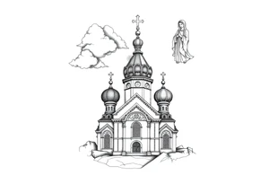 Russian Orthodox church with orthodox spire crosses, with clouds above it and a virgin mary seperately over looking sat above tattoo idea