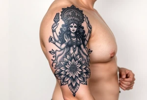 Durga goddess full body 
Surrounded by lotus chakra and mandala tattoo idea