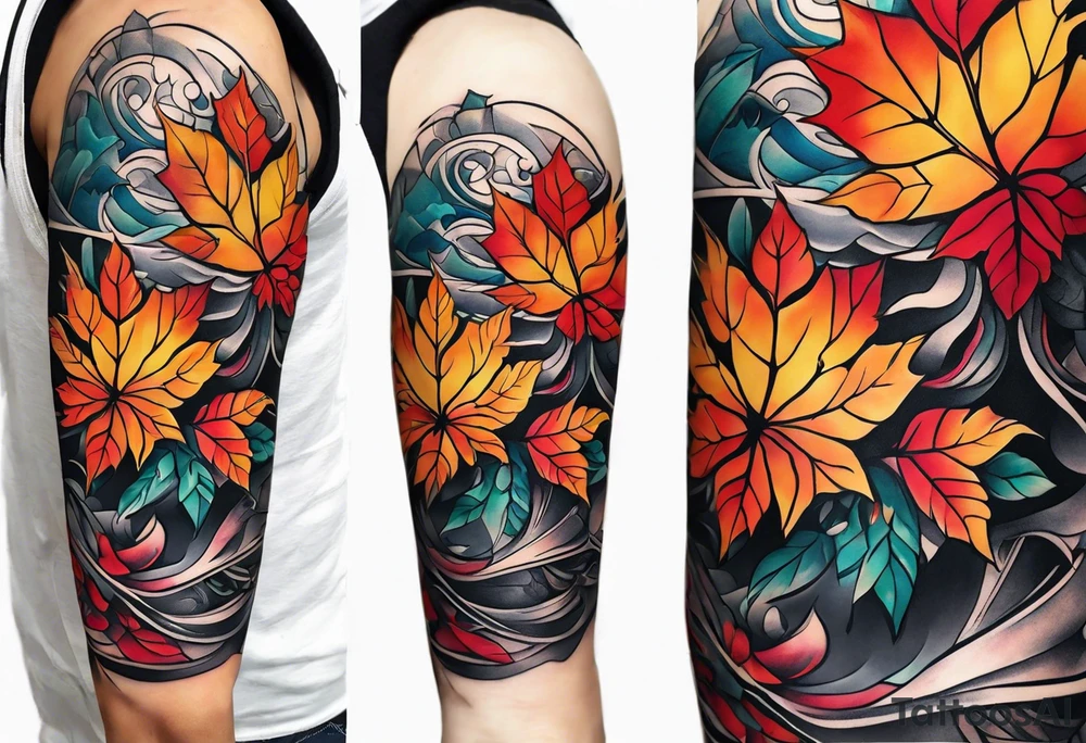 Arm Sleeve Tattoo with fall colors flat tattoo idea