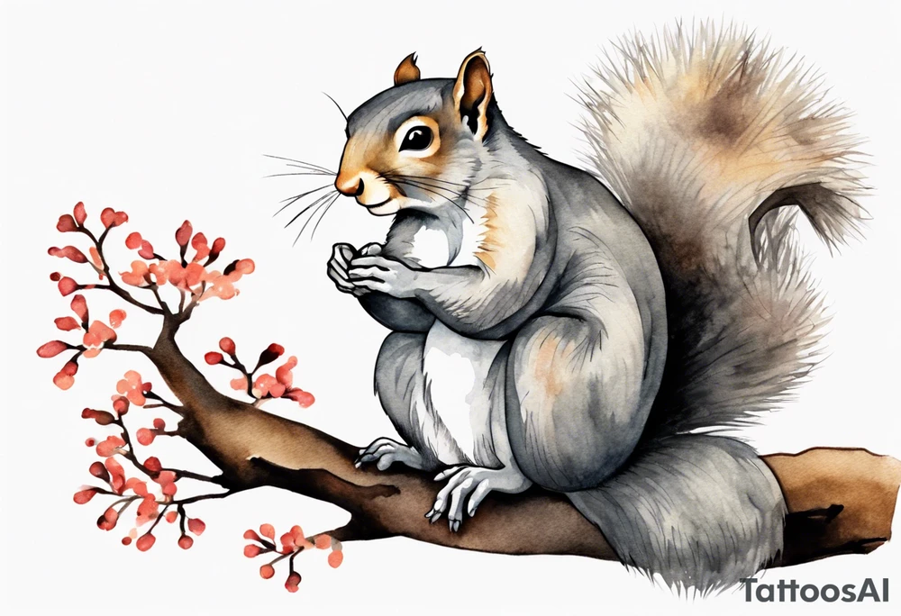 an elderly grey squirrel with a long beard wearing a black robe, meditating on a tree branch with eyes closed tattoo idea