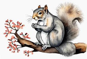 an elderly grey squirrel with a long beard wearing a black robe, meditating on a tree branch with eyes closed tattoo idea