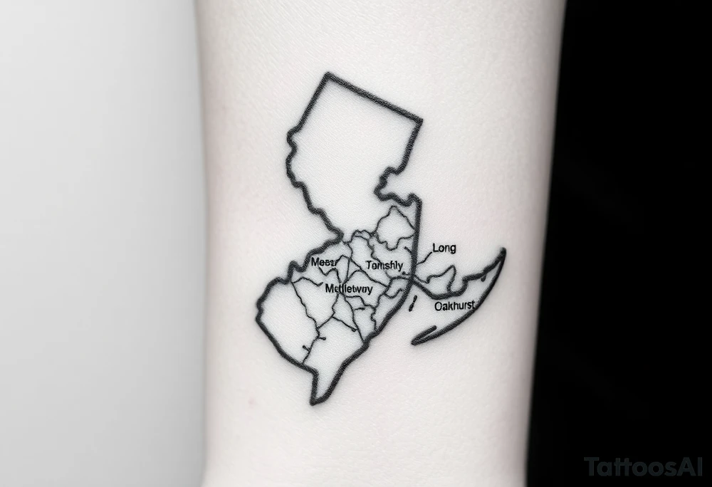 NJ shore map with Middletown Township, Long Branch, Asbury Park and Oakhurst tagged in tattoo idea