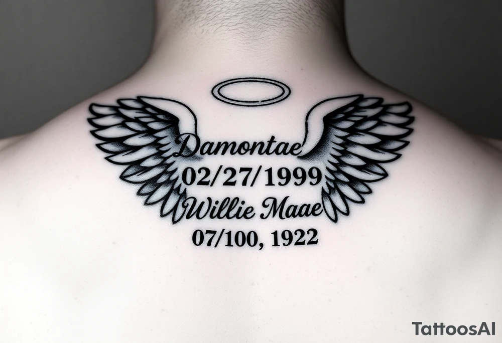 “Damontae 02/27/1992 and under that Willie Mae 06/10/1942” inside a pair of wings with a halo on top of the names and wings tattoo idea