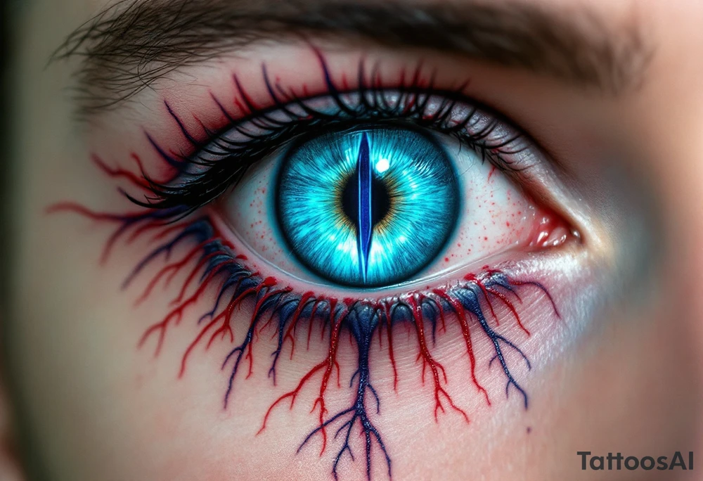 A vividly surreal eyeball tattoo inked directly onto the sclera (white of the eye), featuring a glowing turquoise iris with a black vertical slit pupil, radiating thin blood-red and violet capillary-like lines outward across the eye for a striking, otherworldly appearance. tattoo idea