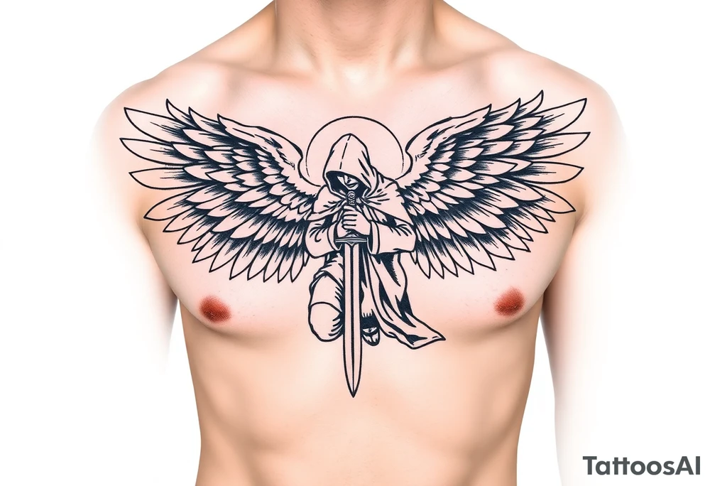 Soldier Angel with long sword  kneeling looking down cloak over head wings
 spread tattoo idea