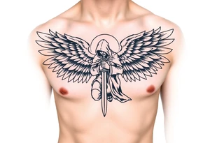 Soldier Angel with long sword  kneeling looking down cloak over head wings
 spread tattoo idea
