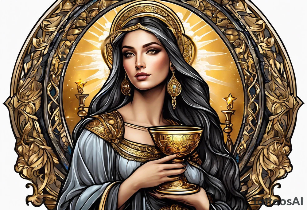 woman saint holding chalice surrounded by golden halo portrait tattoo idea