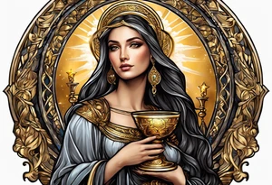 woman saint holding chalice surrounded by golden halo portrait tattoo idea