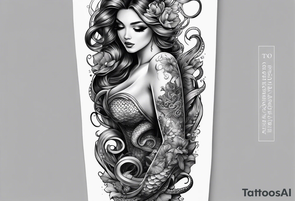 Leg sleeve with mermaid and octopus tattoo idea