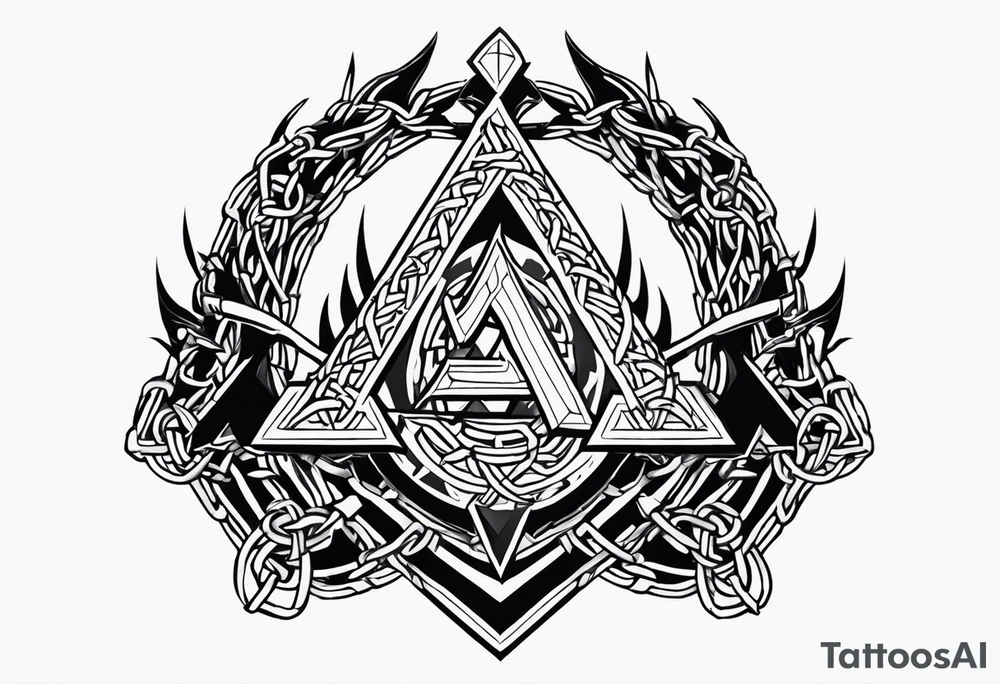 Valhalla sword shield axe barbed wire chains valknut fire tattoo idea